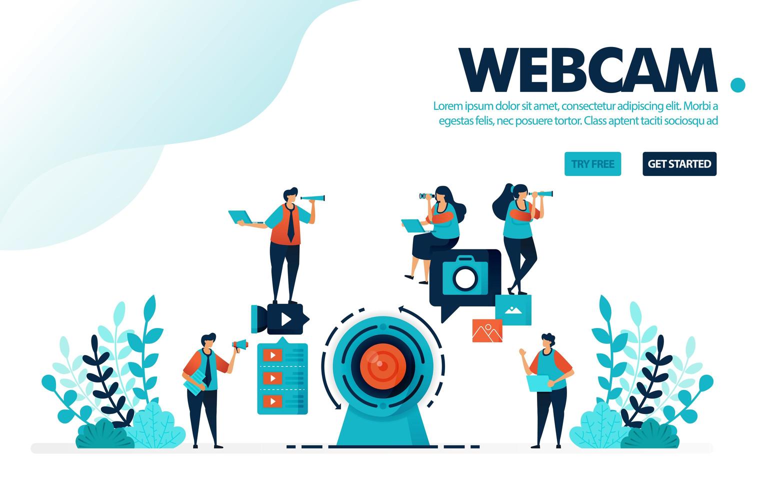 Vector illustration webcam camera. People record using a webcam for live streaming or webinars. Social media video content for vlog. Designed for landing page, web, banner, template, flyer, poster