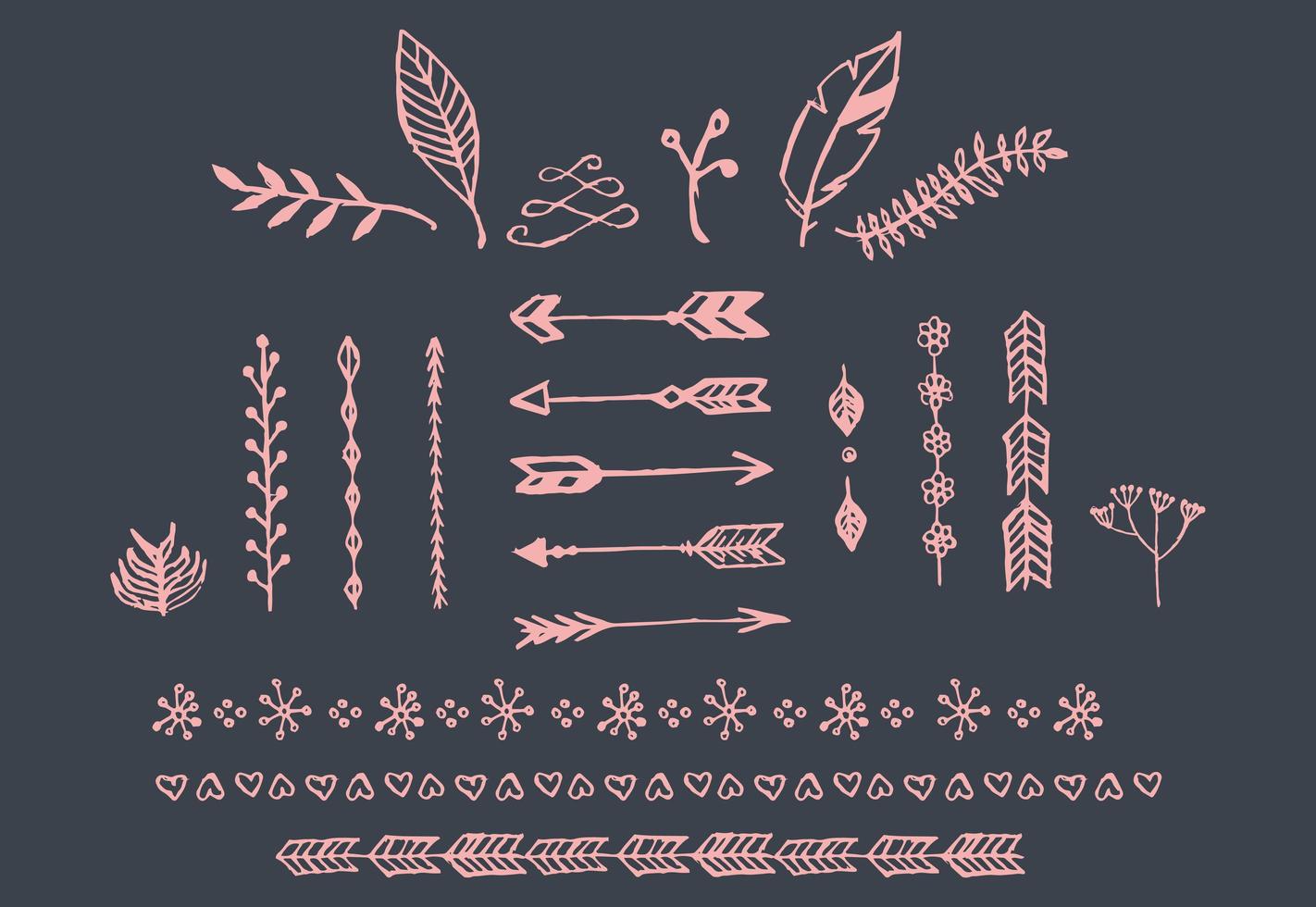 Hand drawn vintage arrows, feathers, dividers and floral elements vector