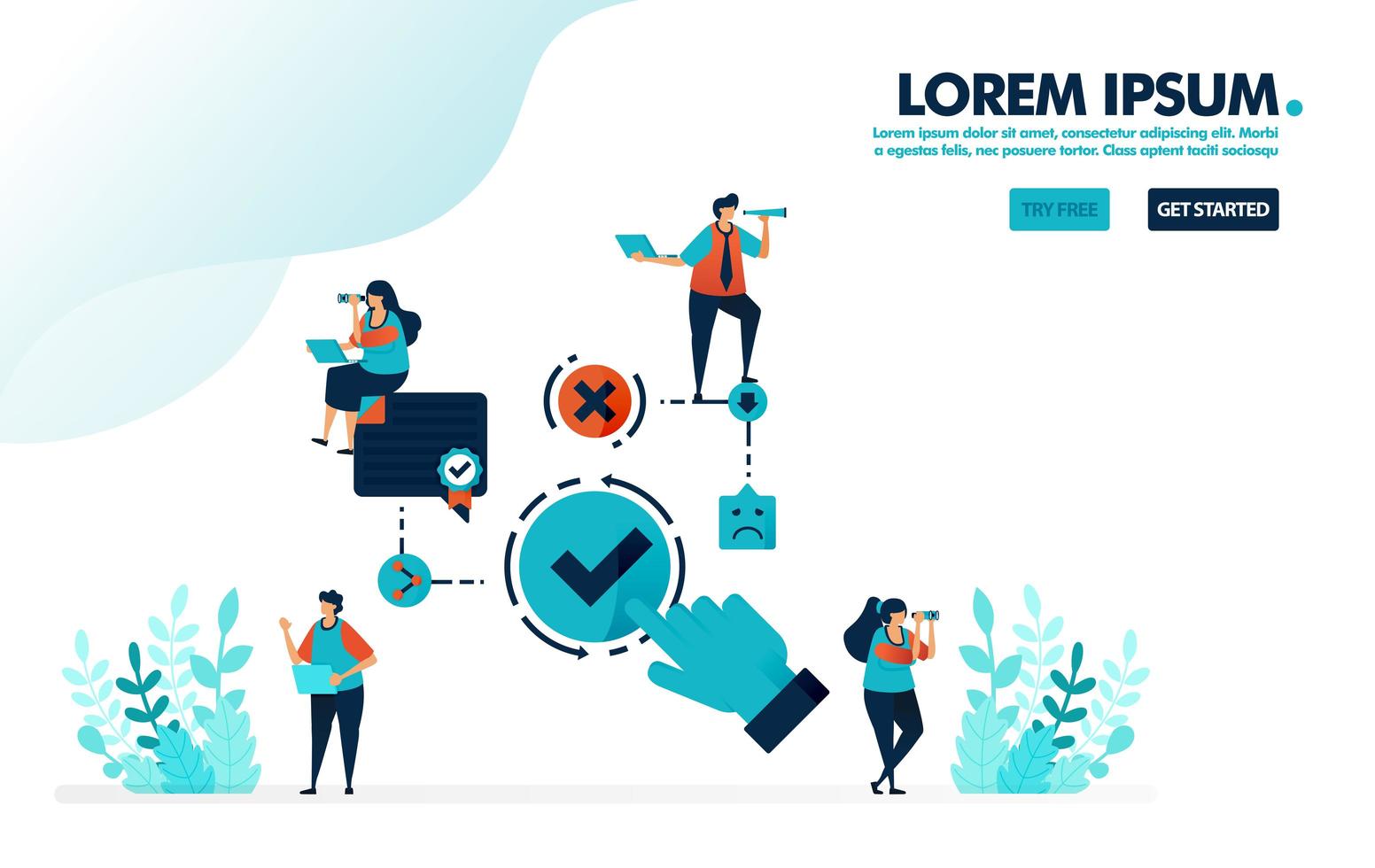 Verifique la opción para compartir documentos. diagrama de flujo para seleccionar tick o cross. acción al elegir una decisión. Ilustración de vector de símbolo de garrapata simple para página de destino, web, banner, aplicaciones móviles, interfaz de usuario, folleto, cartel