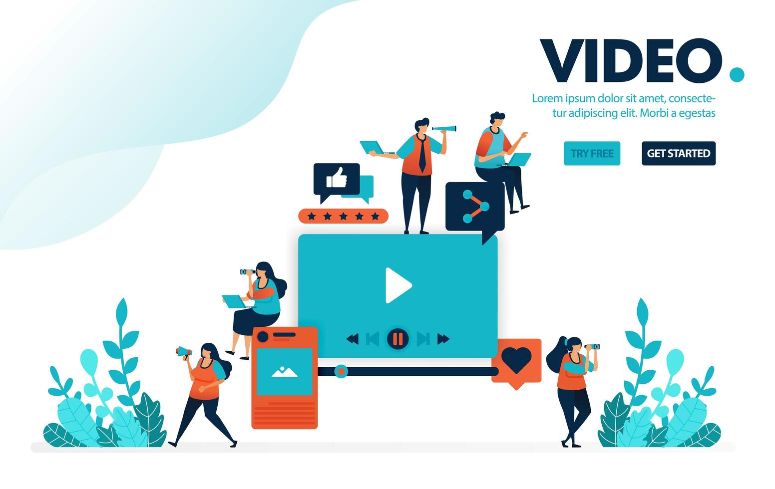 Vector illustration video editing. People watch video from social media. Provide rating and comment, uploading and editing. Designed for landing page, web, banner, mobile, template, flyer, poster