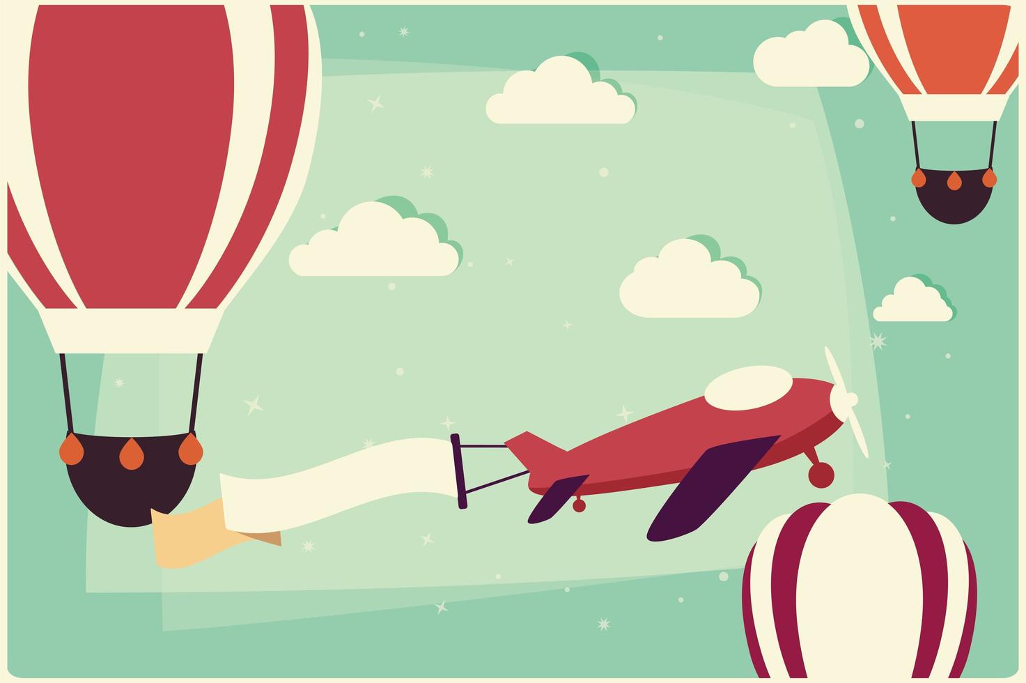 Background with hot air balloons and airplane with ribbon vector