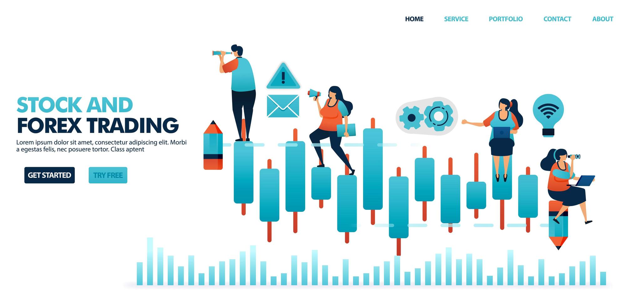 Candle chart in forex trading, stock, mutual funds, commodity, currency. People see company performance to choose a issuer in mixed investment. Human illustration for website, mobile apps, poster vector