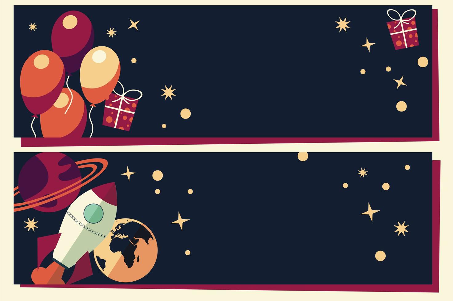 Banners with balloons, presents, rocket ship and planets vector