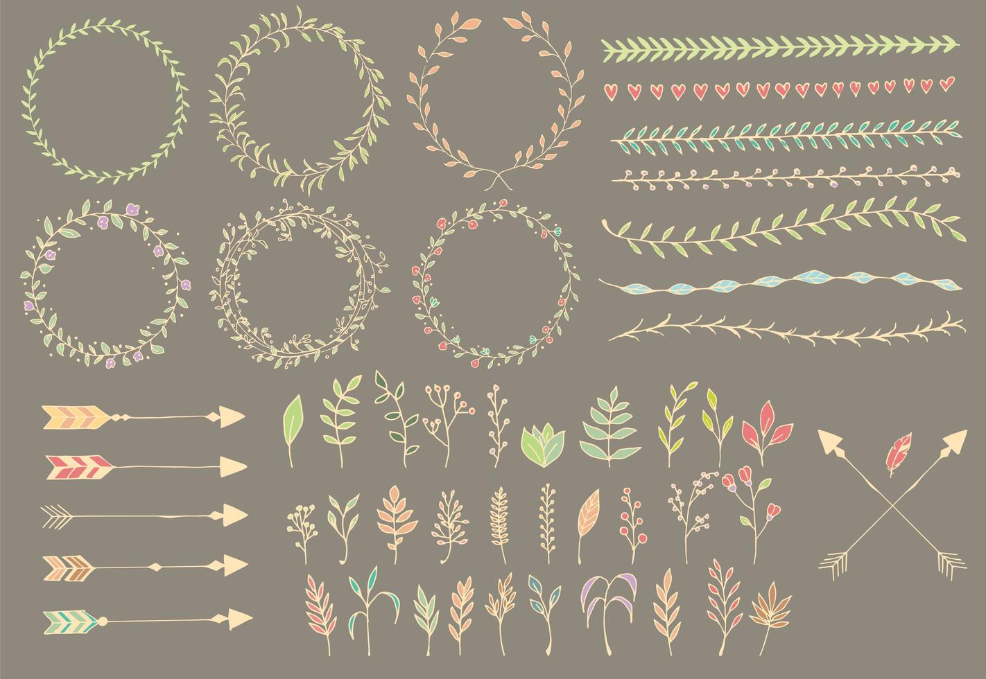 Hand drawn vintage arrows, feathers, dividers and floral elements vector