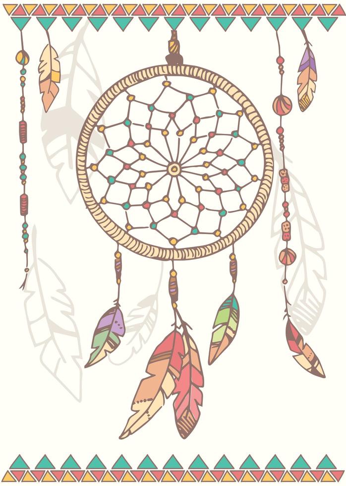 Hand drawn native american dream catcher, beads and feathers vector