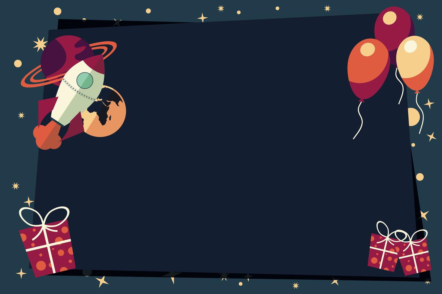 Banner with balloons, presents, rocket ship and planets vector