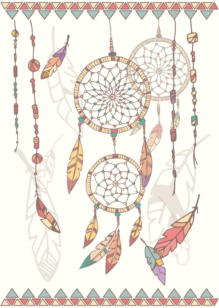 Hand drawn native american dream catcher, beads and feathers vector