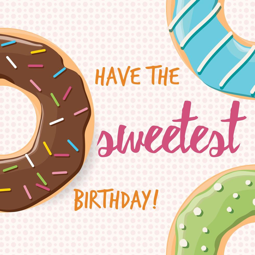 Tarjeta de cumpleaños con donuts sabrosos coloridos brillantes vector