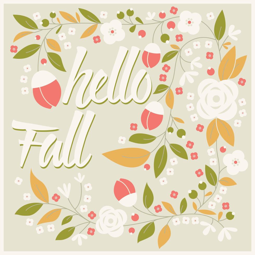 Diseño de tarjeta de otoño con marco floral y mensaje tipográfico. vector