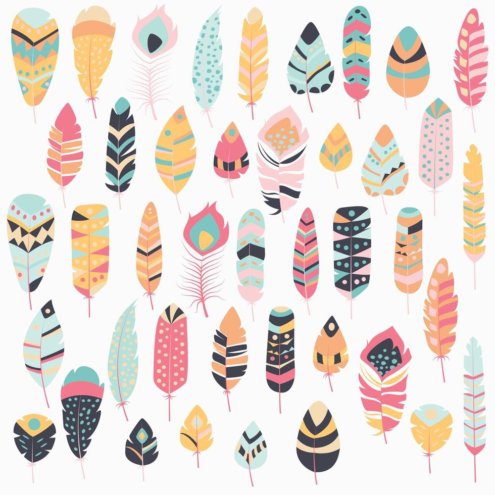 Collection of boho vintage tribal ethnic hand drawn colorful feathers vector