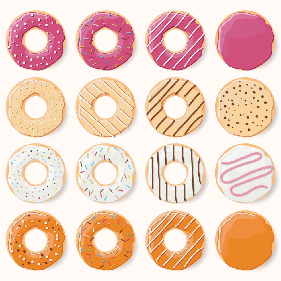 colección de dieciséis donas glaseadas de colores con diferentes sabores vector