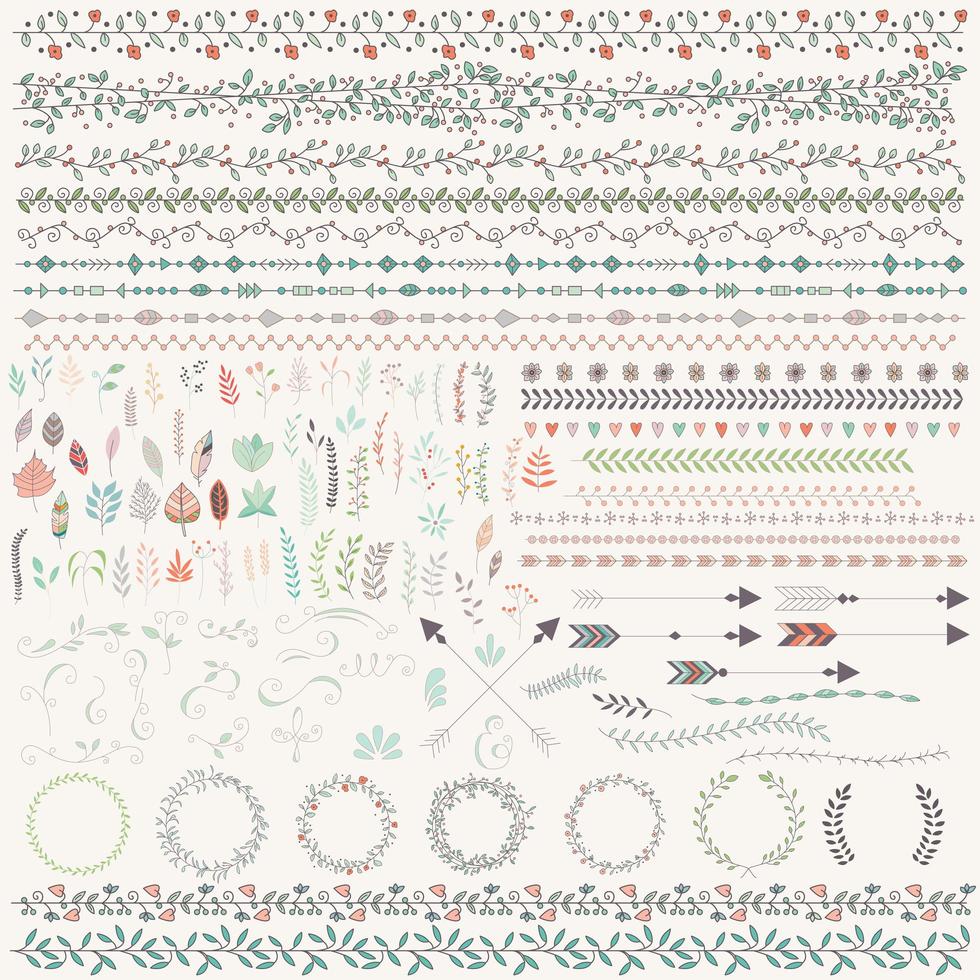 Hand drawn vintage leaves, arrows, feathers, wreaths, element set vector