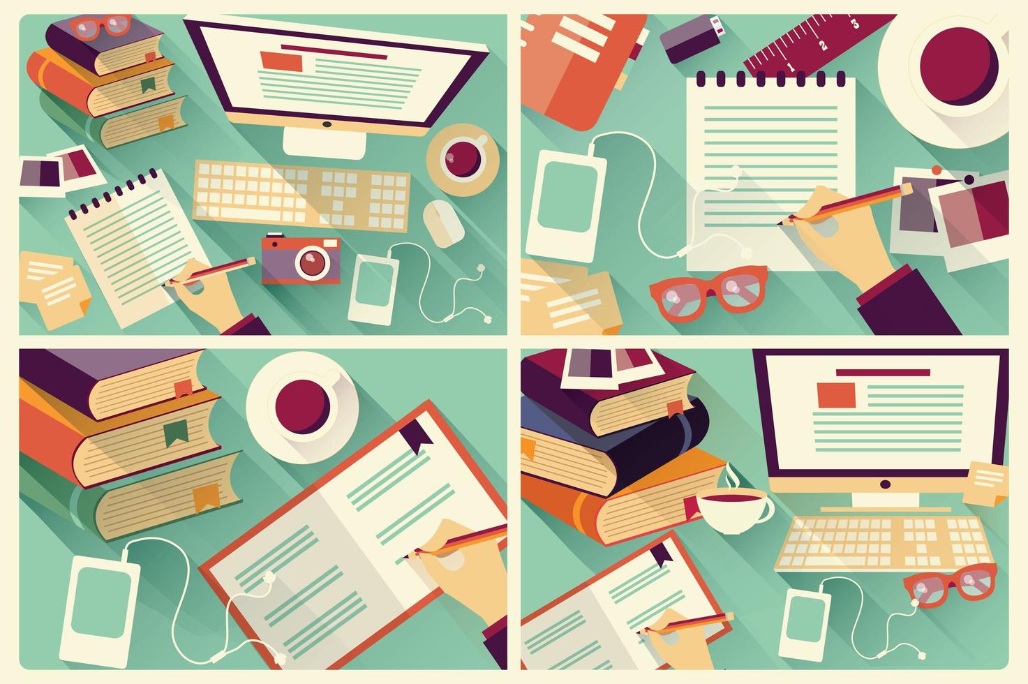 Collection of four flat design work desks, long shadow, office desk, computer and stationery vector