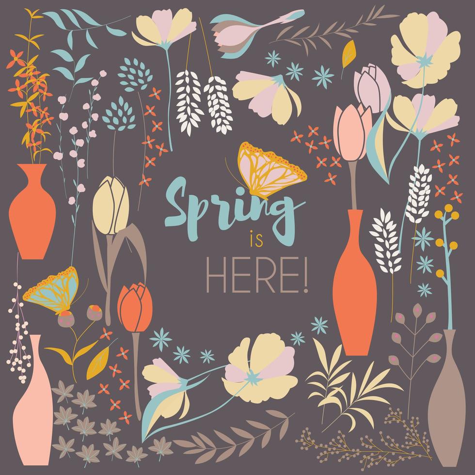 Floral spring card design, with hand drawn flowers vector