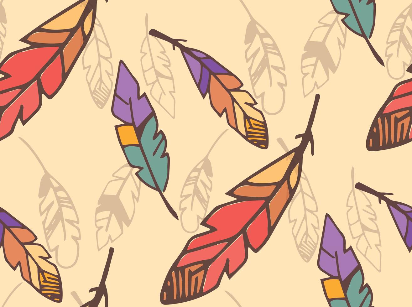 Bohemian colorful feathers, hand drawn, seamless pattern vector