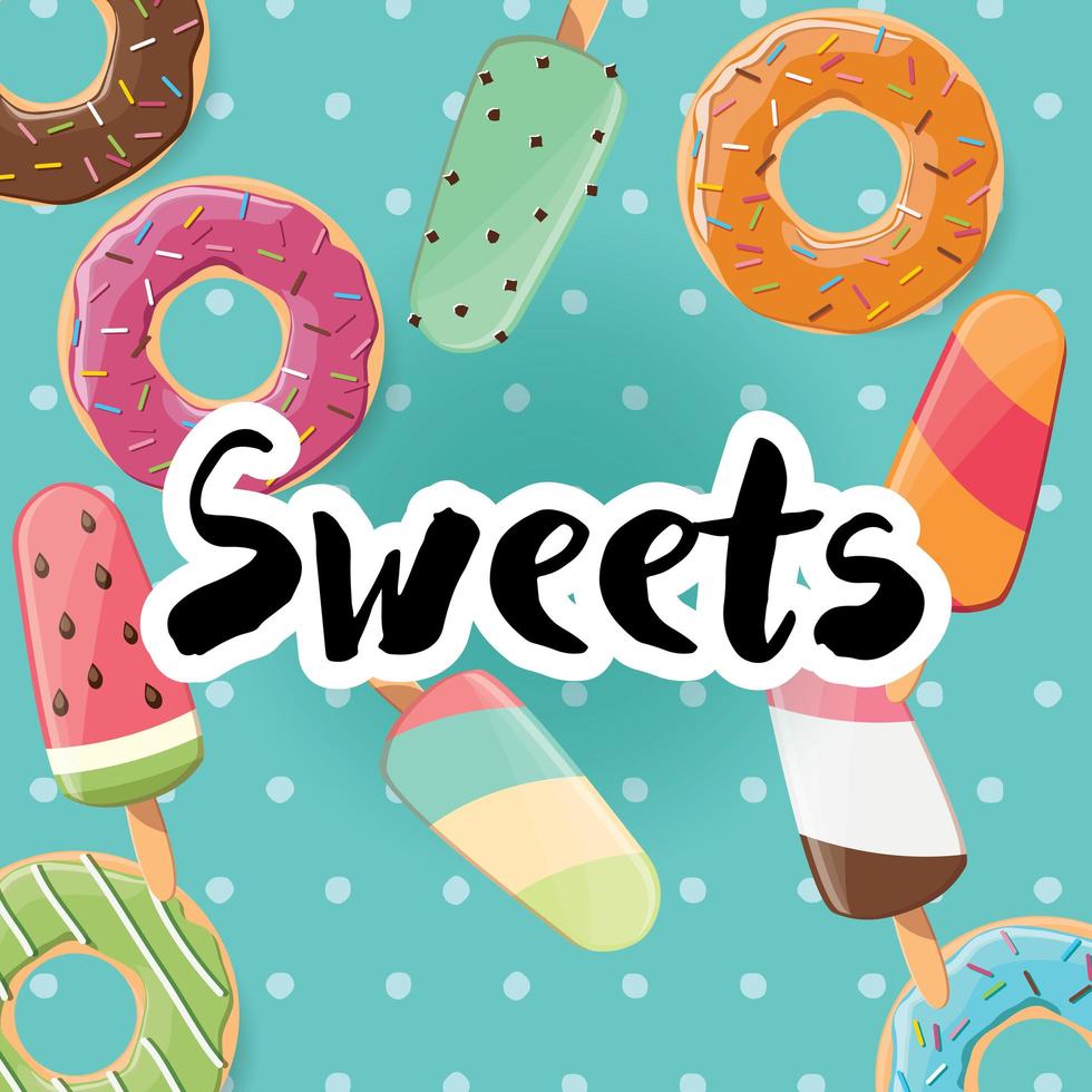 Diseño de póster con rosquillas y helado sabrosos coloridos brillantes vector