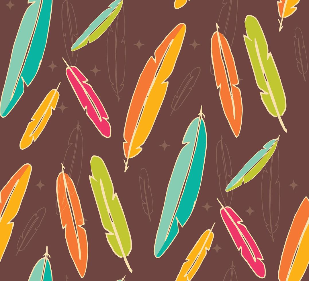 Bohemian colorful feathers, hand drawn, seamless pattern vector