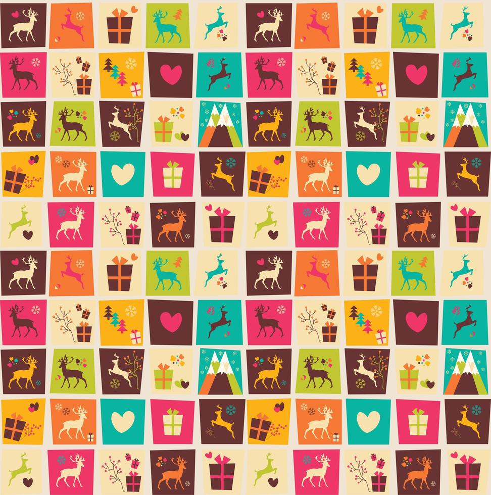 Seamless patterns with colorful squares, Christmas reindeers, gift boxes and snowflakes vector