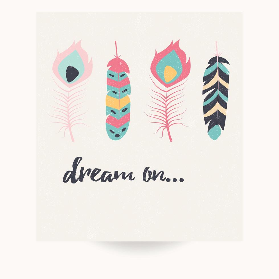 Postcard design with inspirational quote and bohemian colorful feathers vector