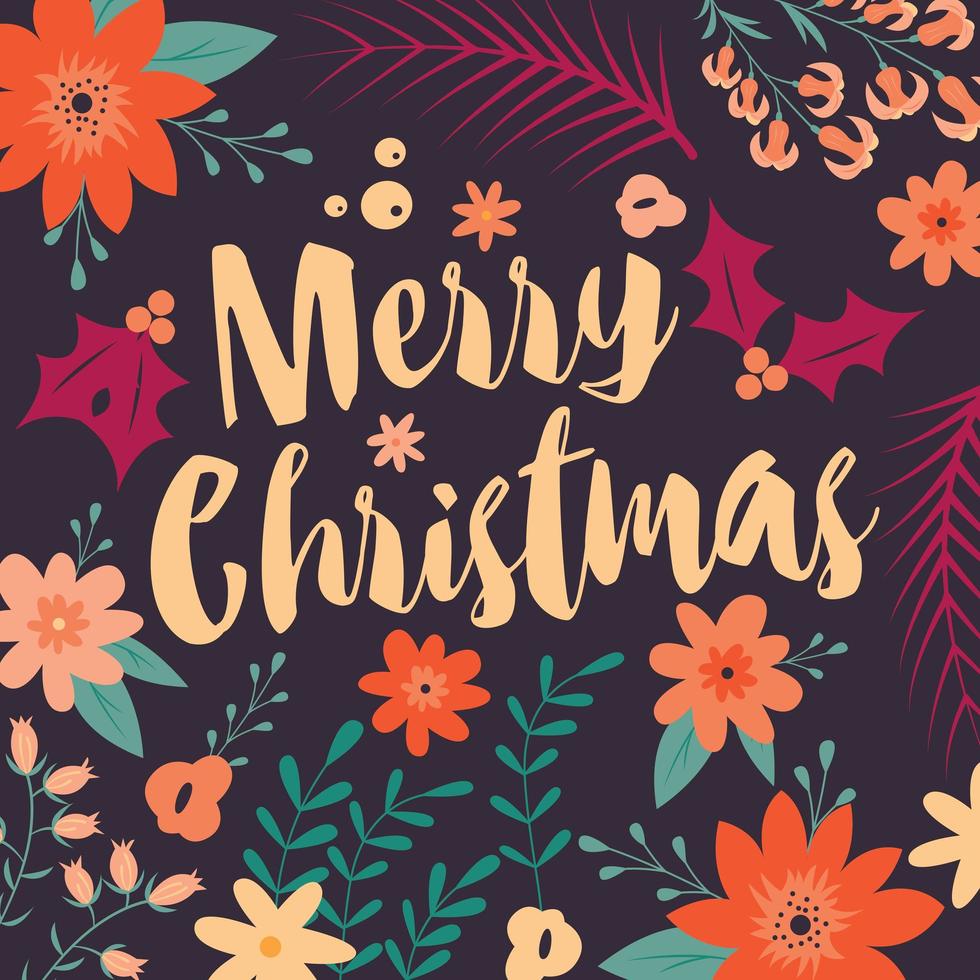 Typography Merry Christmas card with floral decorative elements vector