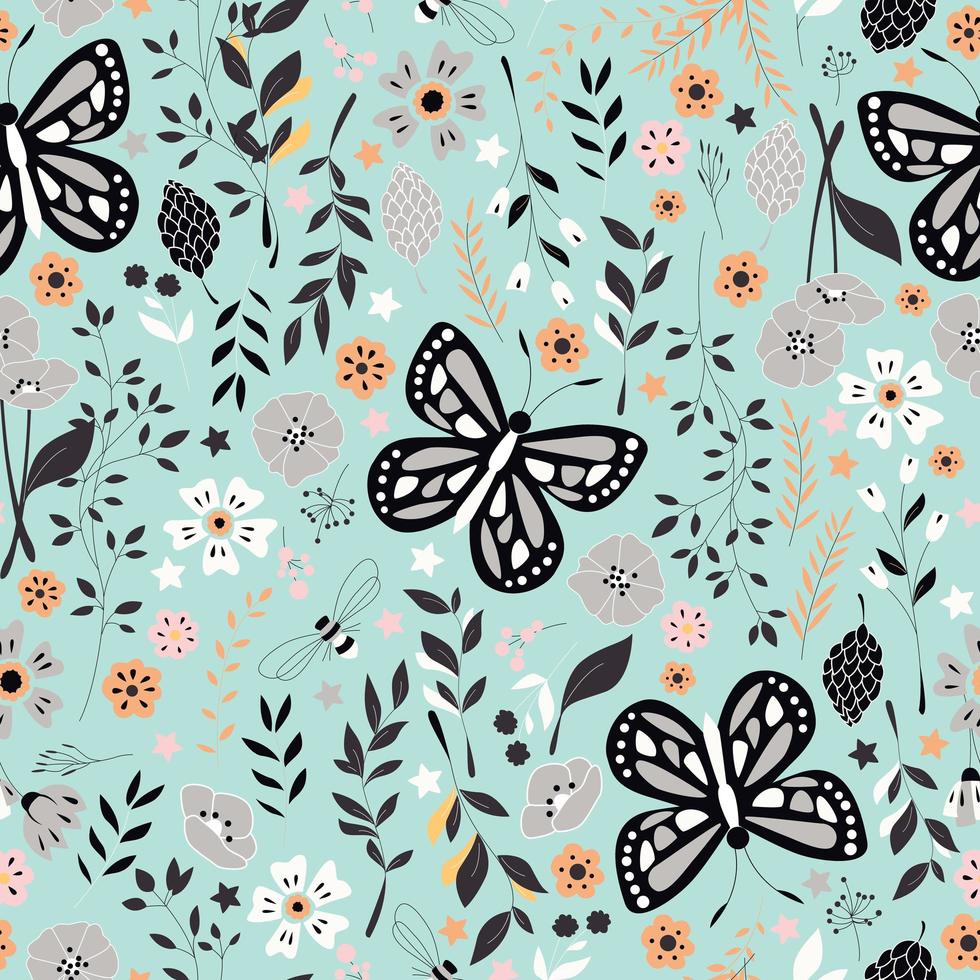 Seamless pattern with flowers, floral elements and butterflies, nature life vector