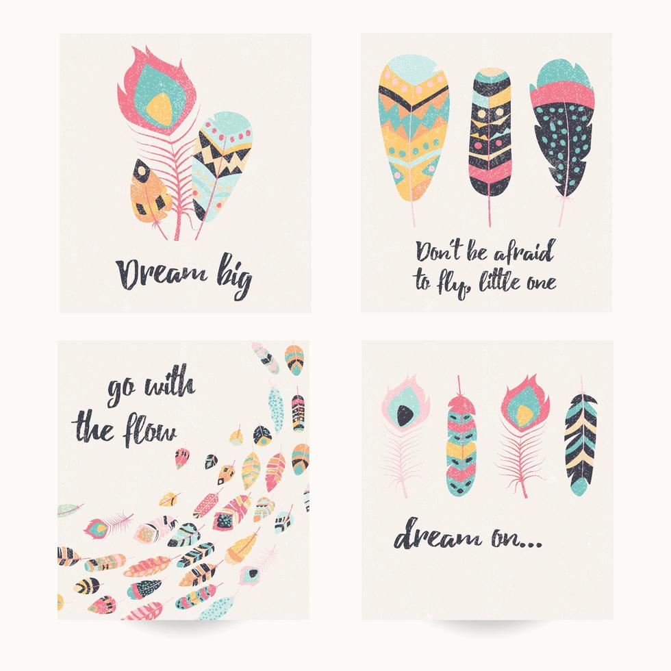 Postcard set with inspirational quote and bohemian colorful feathers vector