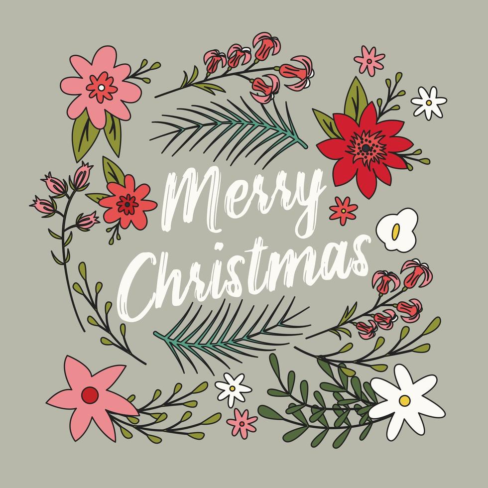 Typography Merry Christmas card with floral decorative elements vector