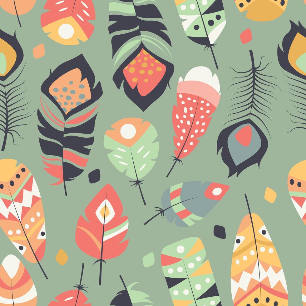 Seamless pattern with boho vintage tribal ethnic colorful vibrant feathers vector