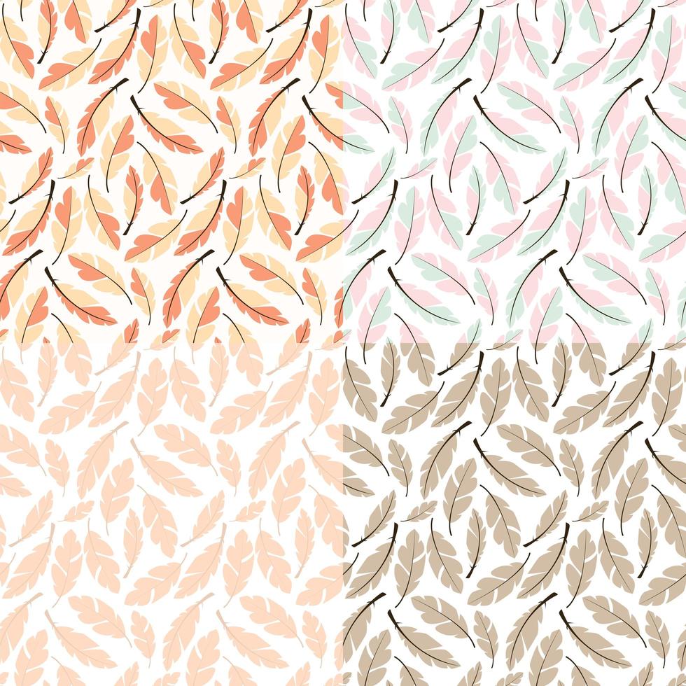 Collection of four seamless pattern designs with bohemian hand drawn feathers vector