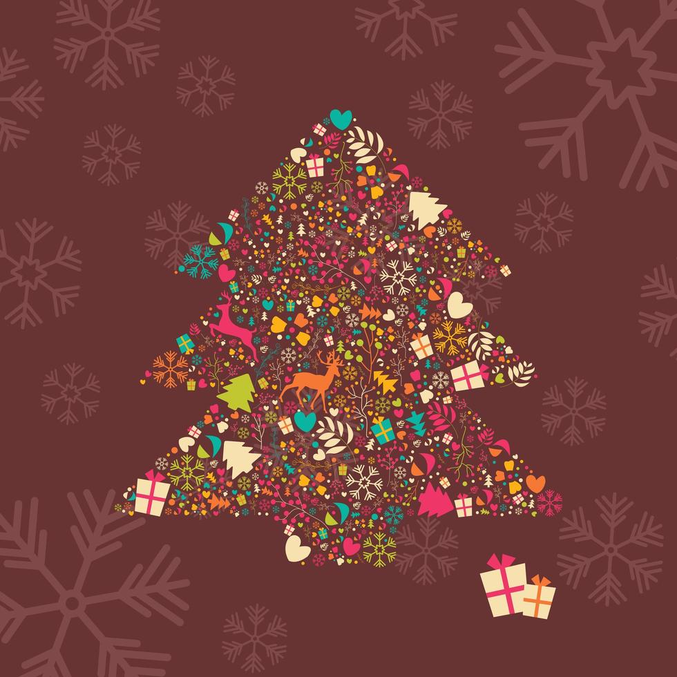 Ornamental Christmas tree with reindeers, gift boxes and snowflakes vector