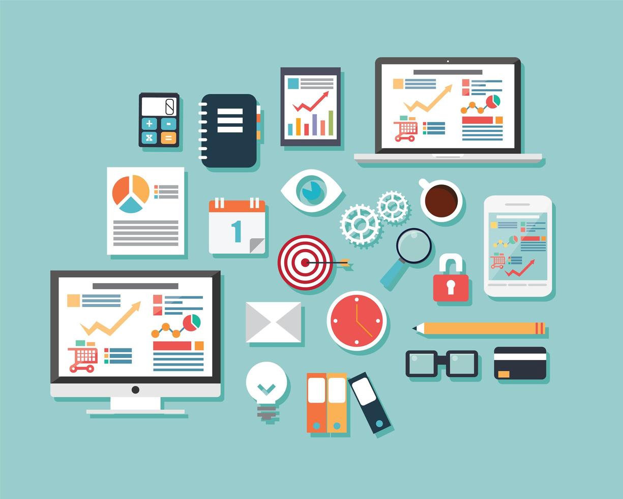 Collection of flat design icons, computer and mobile devices, cloud computing, communication vector
