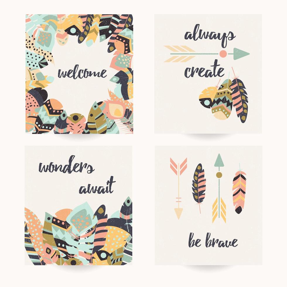 Postcard set with inspirational quote and bohemian colorful feathers vector