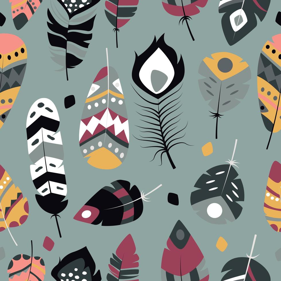 Seamless pattern with boho vintage tribal ethnic colorful vibrant feathers vector