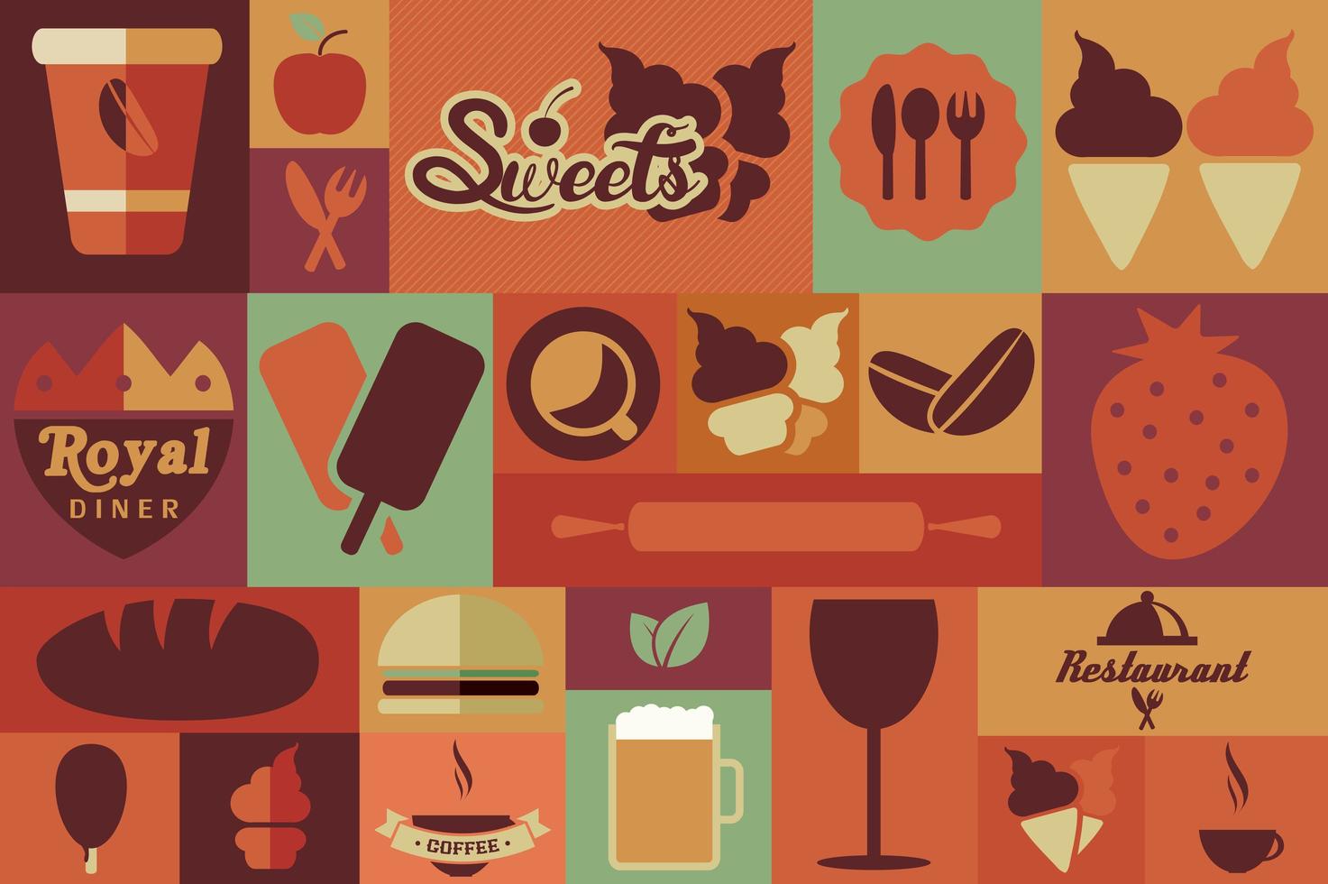 Collection of flat vintage retro food icons, flat design vector