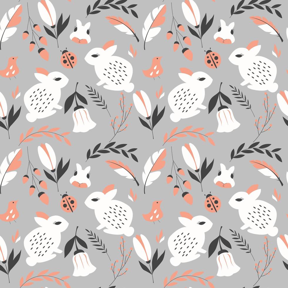 Seamless pattern with rabbits, lady bugs, birds and flowers vector