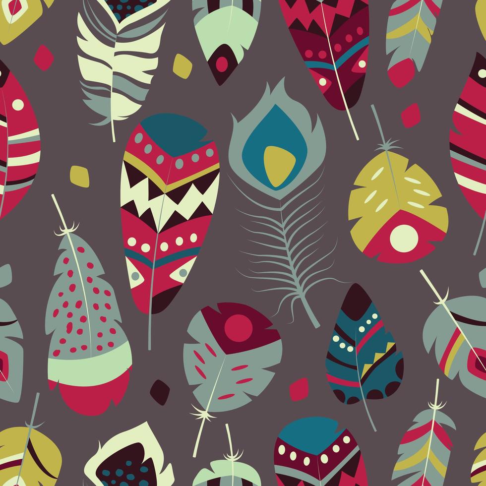 Seamless pattern with boho vintage tribal ethnic colorful vibrant feathers vector