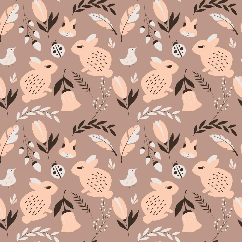 Seamless pattern with rabbits, lady bugs, birds and flowers vector
