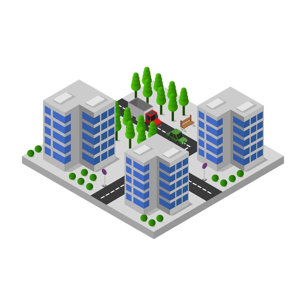 ciudad isométrica ilustrada sobre fondo blanco vector