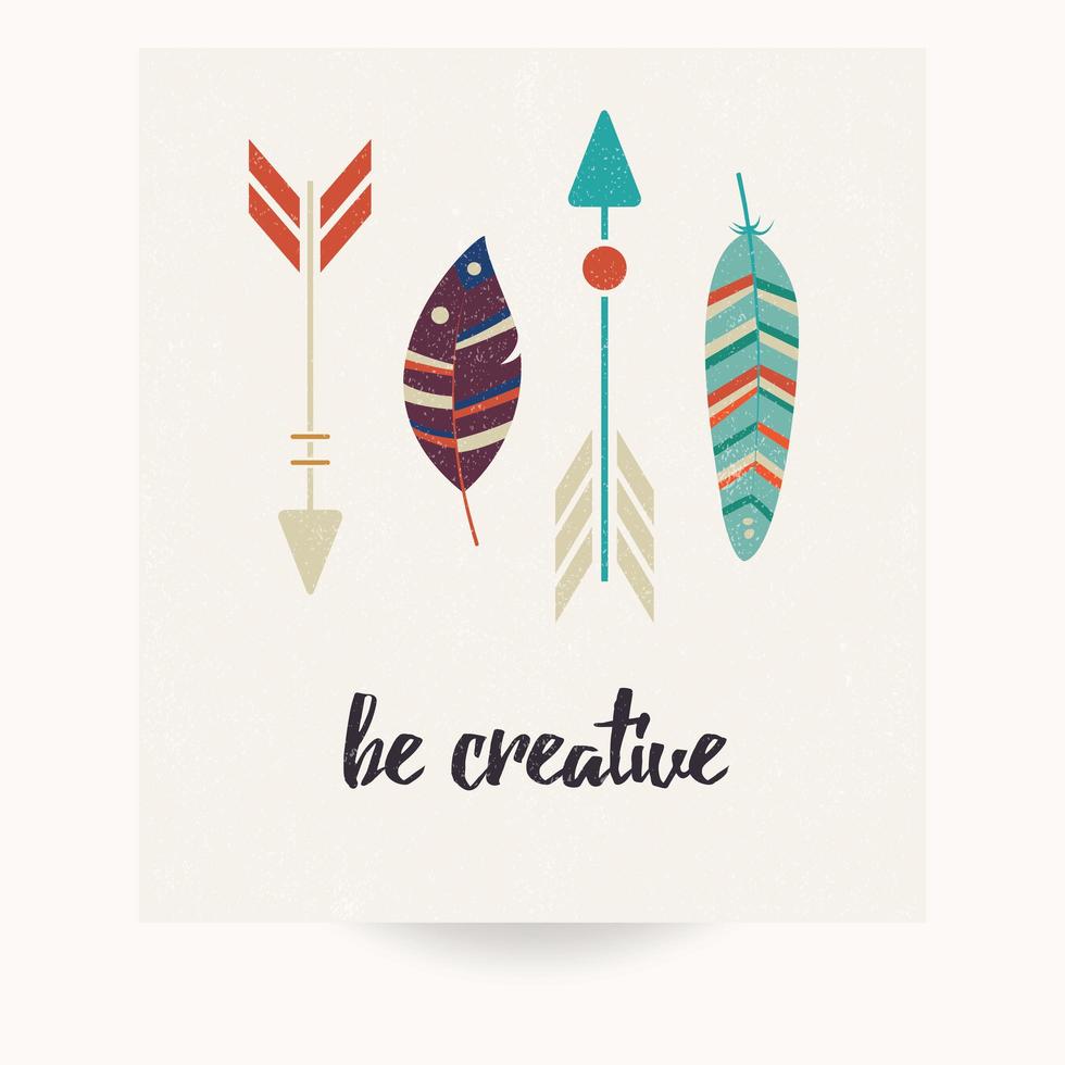 Postcard design with inspirational quote and bohemian colorful feathers vector