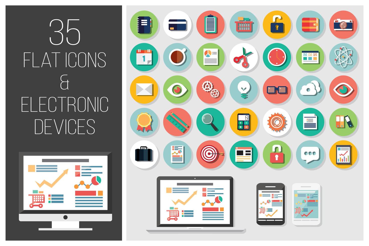 35 iconos web planos y 4 dispositivos electrónicos vector