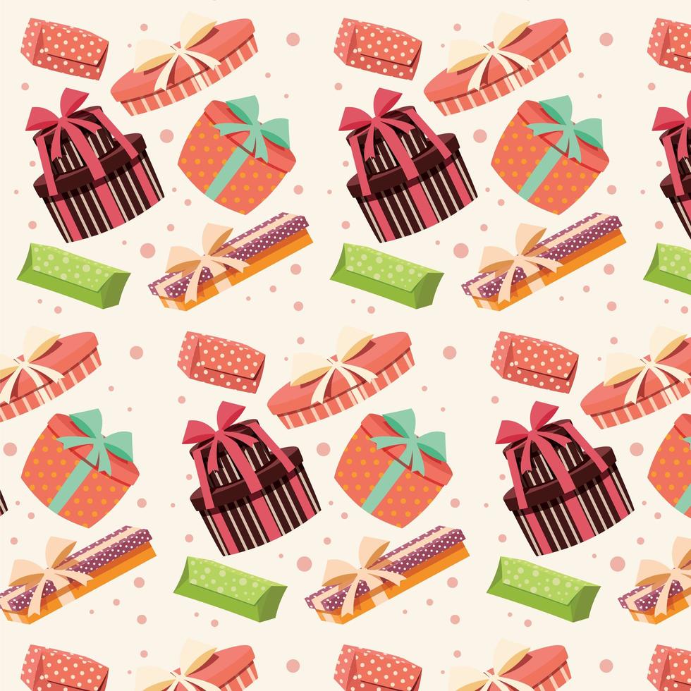 Background with colorful gift boxes with bows and ribbons in different shapes, seamless pattern vector