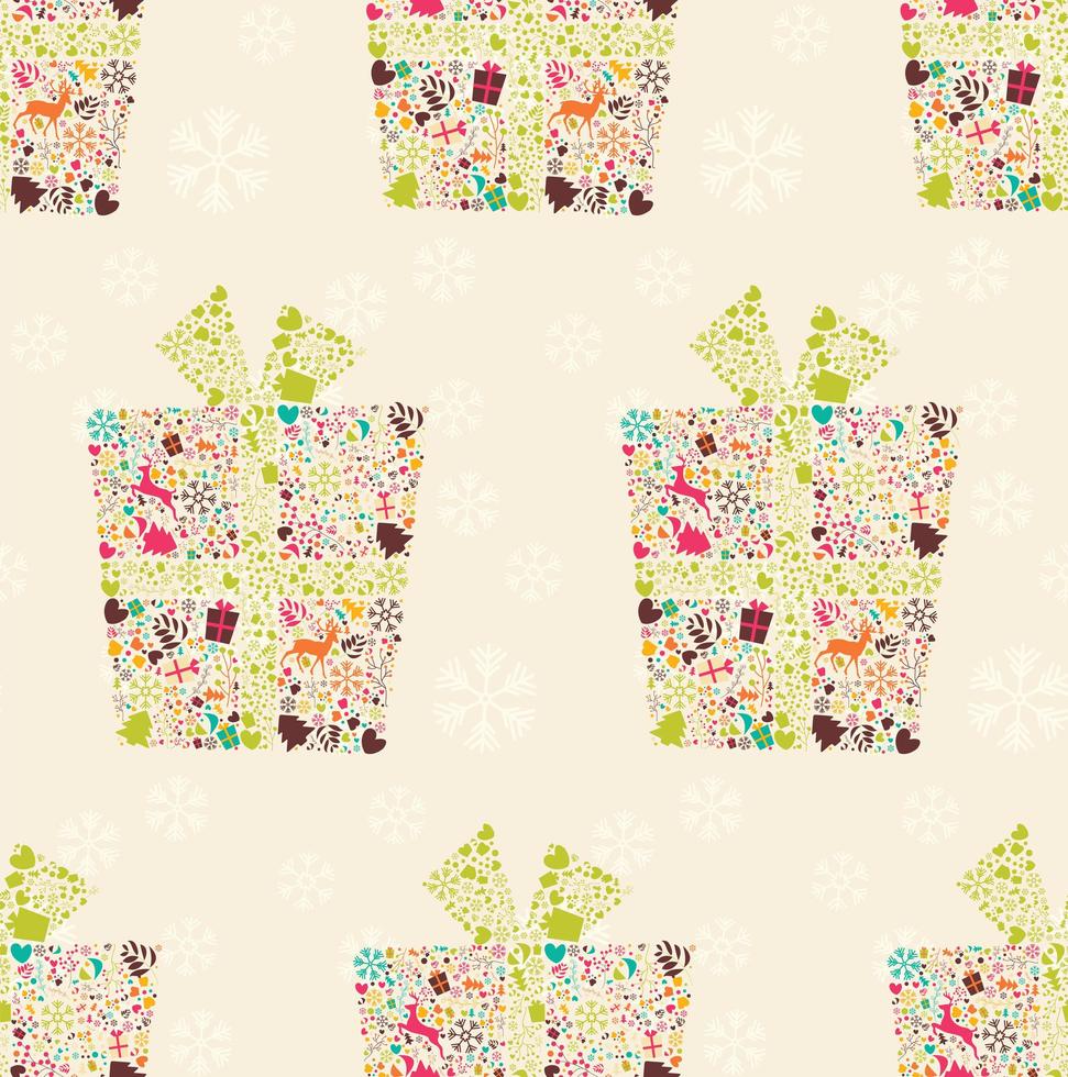 Seamless pattern with ornamental Christmas gift box with reindeers, snowflakes and flowers vector