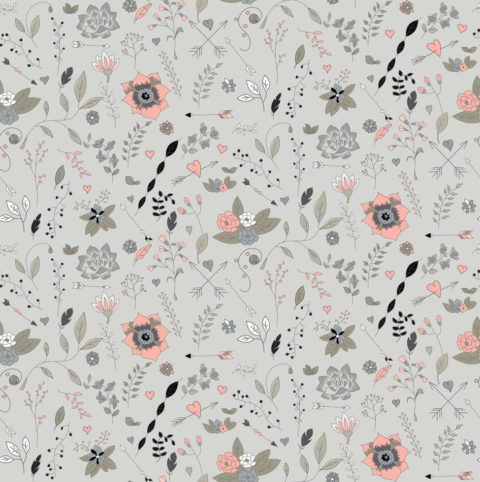 Bohemian hand drawn flowers, seamless pattern vector