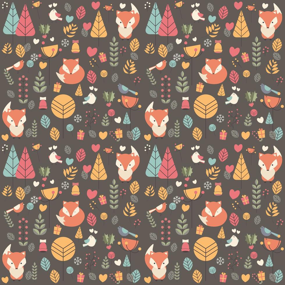 Seamless pattern with cute Christmas baby fox surrounded with floral decoration vector
