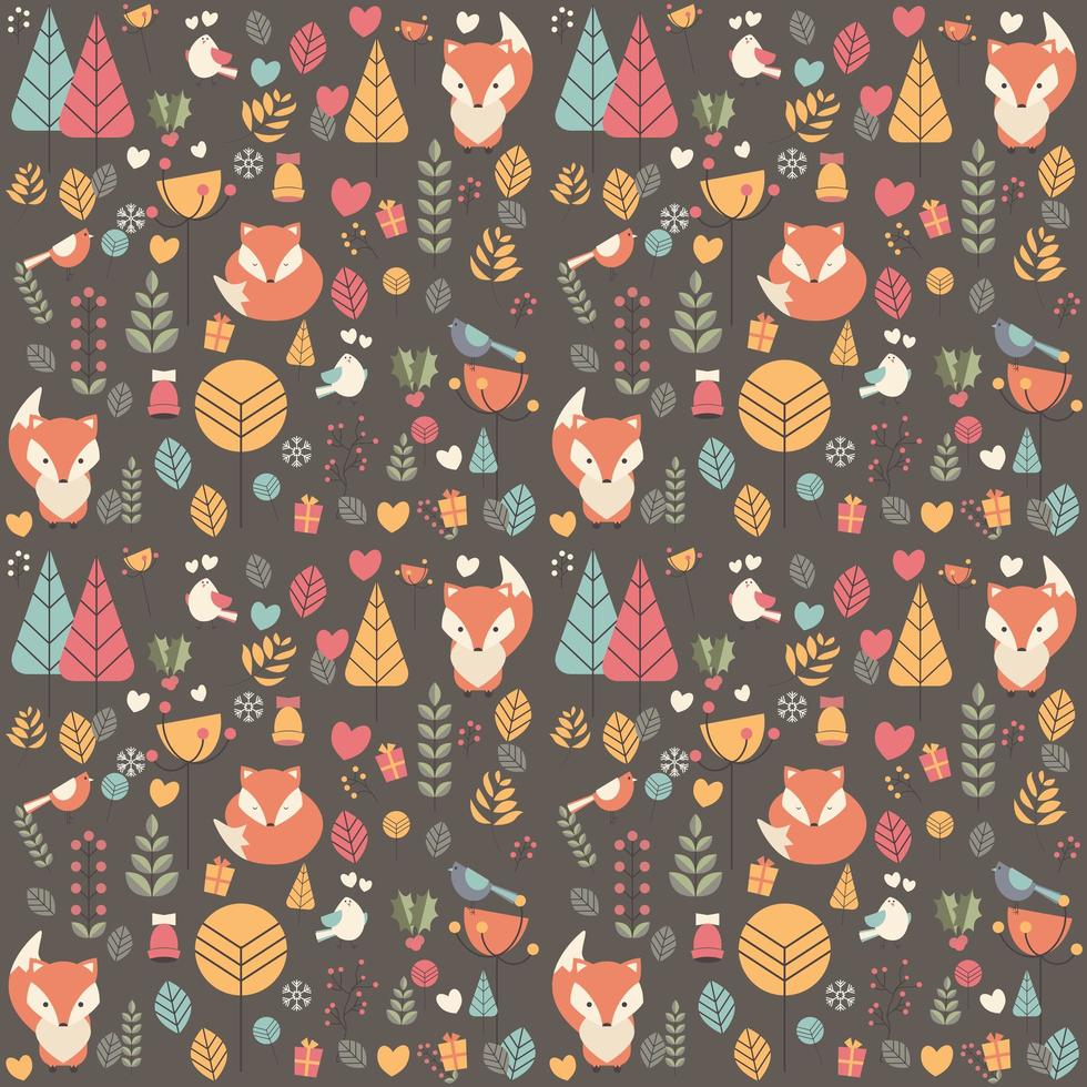 Seamless pattern with cute Christmas baby fox surrounded with floral decoration vector