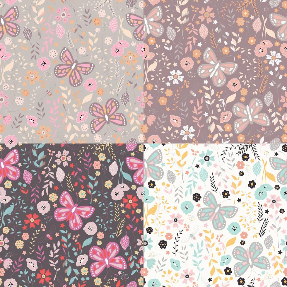 Seamless pattern set with flowers, floral elements and butterflies, nature life vector