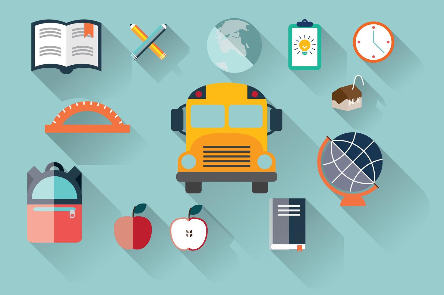 Collection of school items icons, flat design, long shadow vector