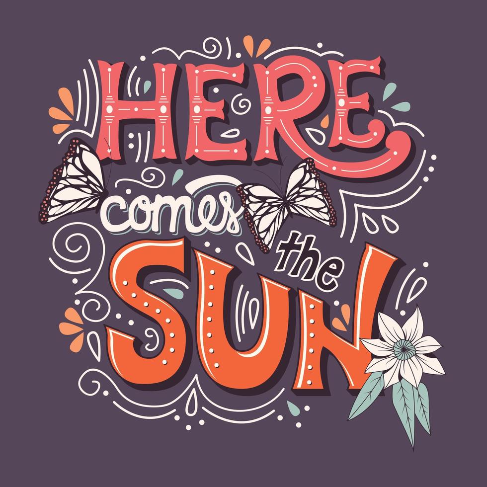 aquí viene el banner de tipografía de sol con mariposas vector