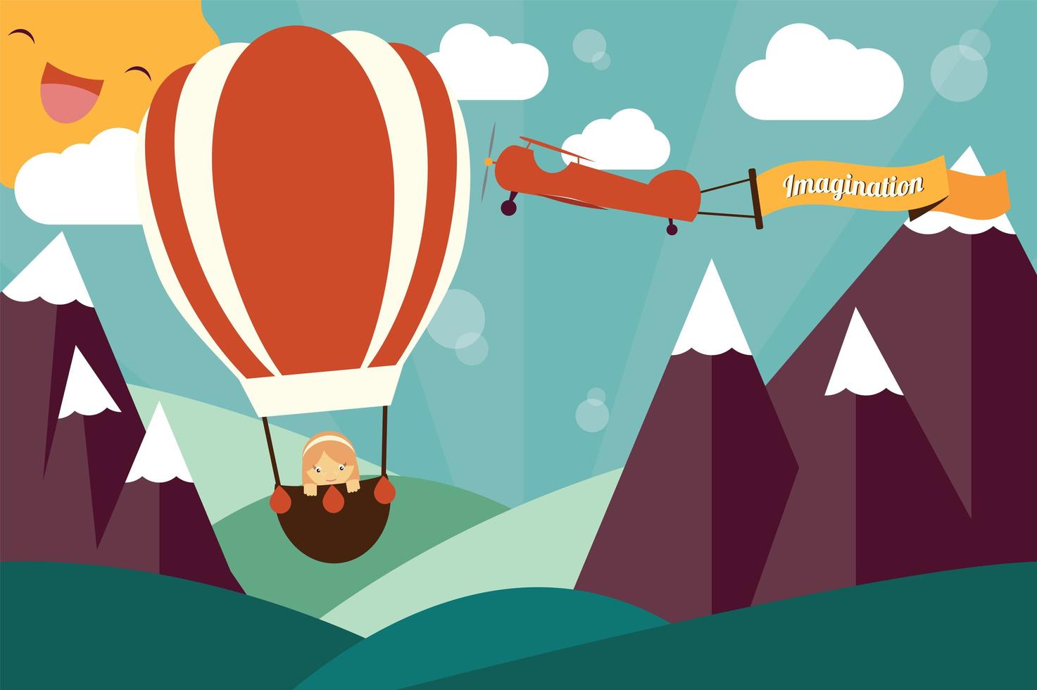 Imagination concept - girl in air balloon, airplane with imagination banner flying vector