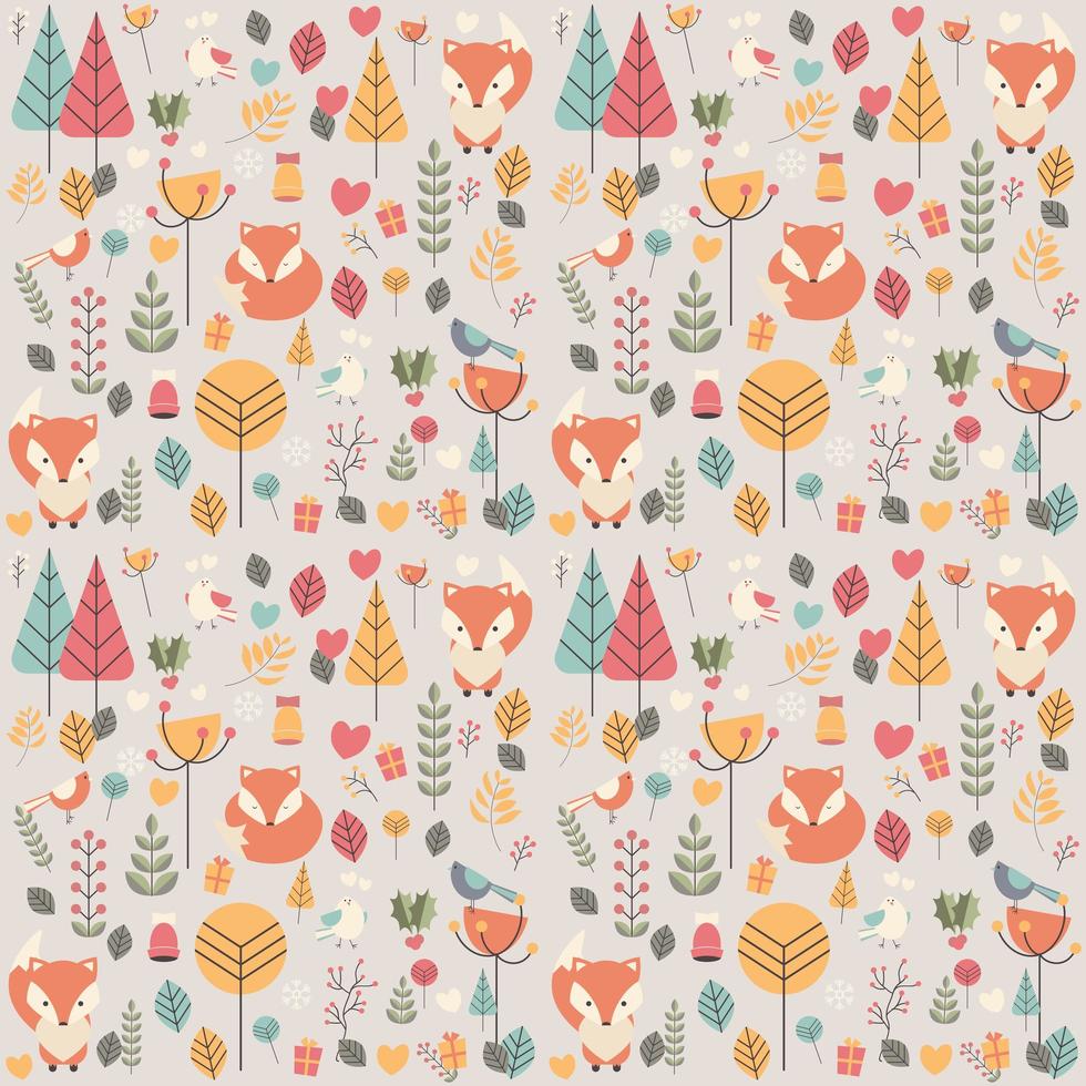 Seamless pattern with cute Christmas baby fox surrounded with floral decoration vector